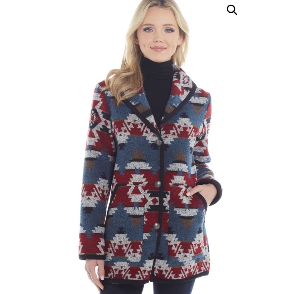 New Cripple Creek Ladies Aztec Print Western Blanket Button Jacket Red Blue M